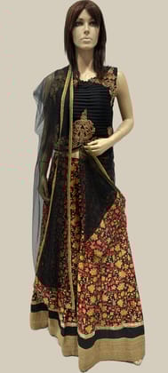 Woman's Designer Cholee Suit with all over Flower Print Flairy Ghaghara-OM-1103 / Black / F