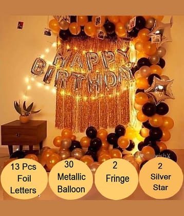 Kiran Enterprises Happy Birthday Foil Letter Balloon ( Silver ) + 2pcs Silver Star Foil + 2pcs Silver Fringe Curtain + 30 Metallic Balloon ( Black, Gold, Silver )