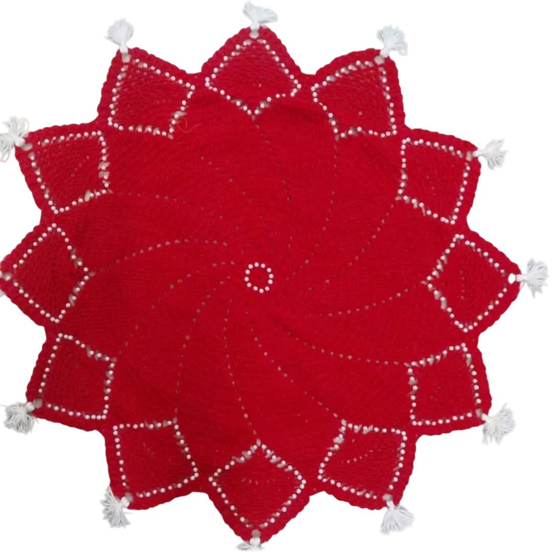 Exquisite Red Crochet Thalposh - Handcrafted Decorative Table Centerpiece