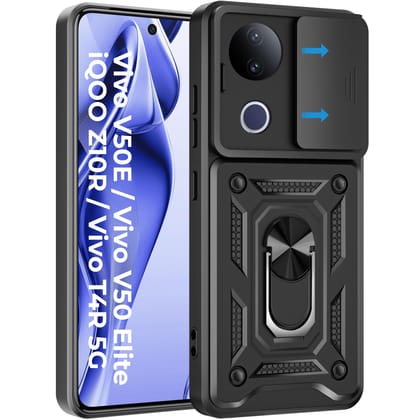 A rtistque Armor Bumper Back Case Cover for iQOO Z10R 5G / Vivo V50 / V50e / V50 Elite Edition/Vivo T4R 5G | Stylish Ring Holder & Inbuilt Stand | Sliding Camera Cover | Protective Design - Black A rtistque Armor Bumper Back Case Cover for iQOO Z10R 5G /