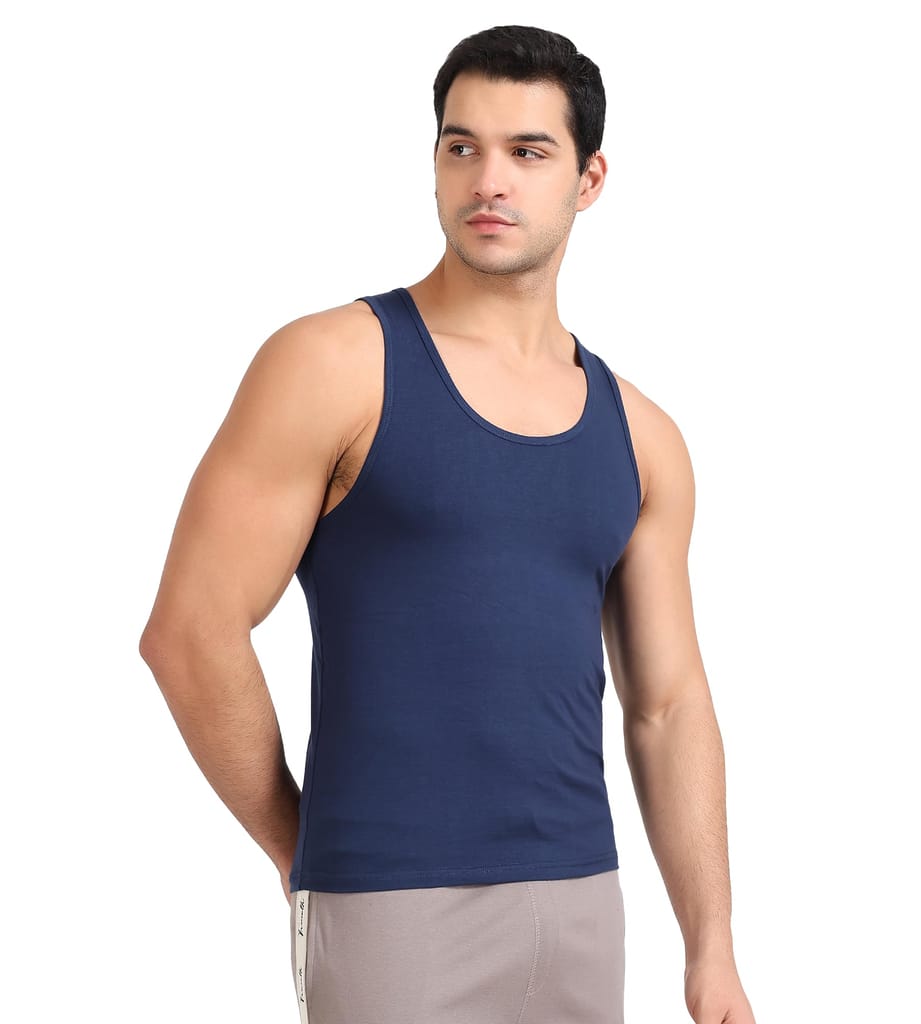 Freecultr Cotton Vest for Men Sleeveless Lightweight Solid Round Neck Comfort Vests Breathable & Comfortable Innerwear Sando for Man Regular Fit Pack of 1-Navy