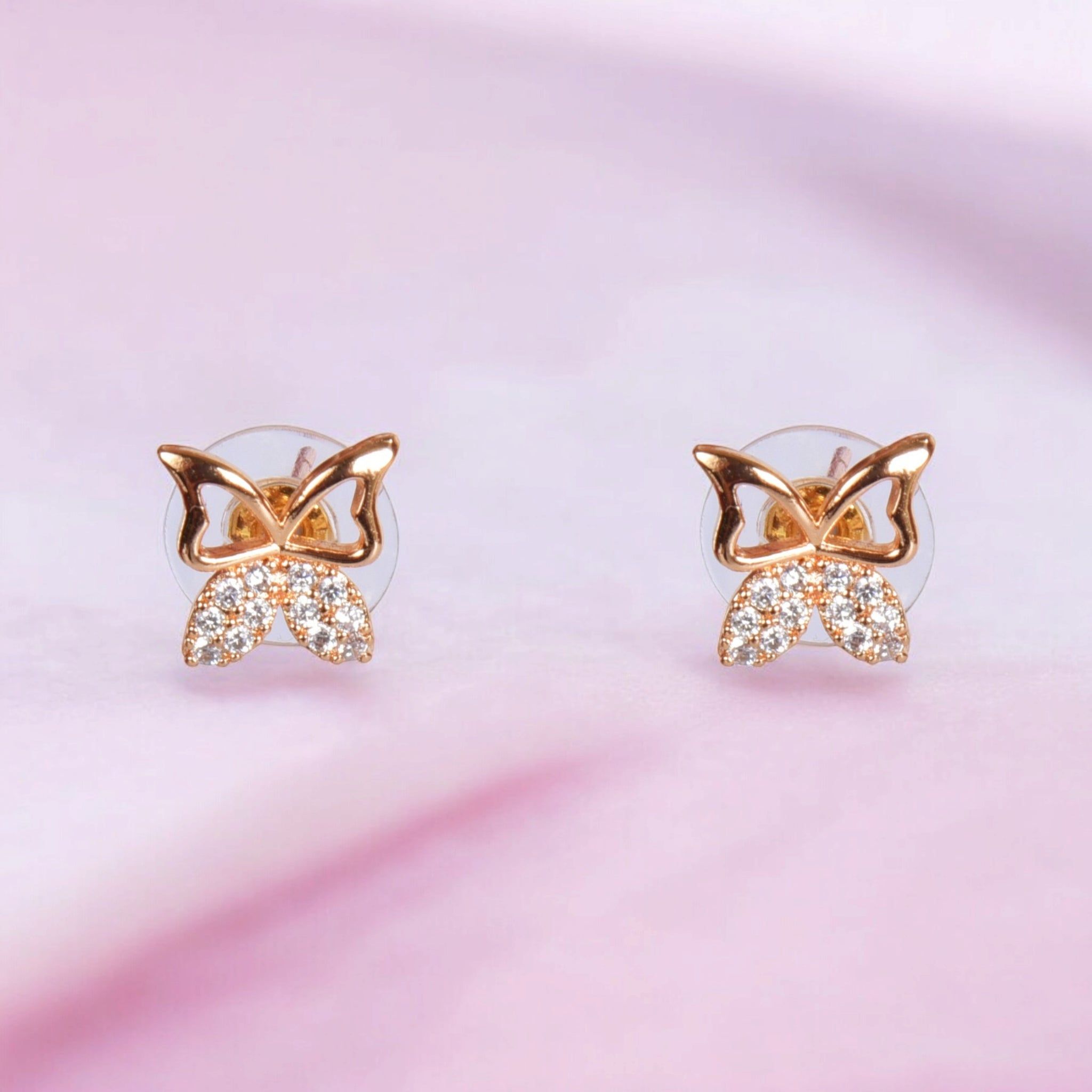 18k Rose Gold Plated Clip On Hoop Earrings, Latest Fancy Stylish Zircon Copper Bali Earrings for Women and Girls (butterfly)-Rose Gold