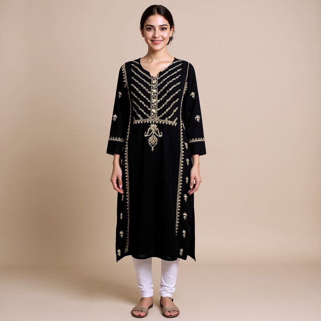 Hand-Embroidered Chikankari Black Kurti | XL