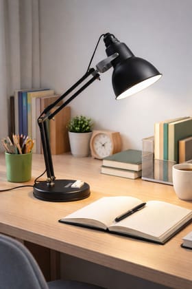 SPARKWORLD Adjustable Black Metal Study Table Lamp Flexible Arm Desk Light with On/Off Switch for Students, Office & Home Use | Size: 15x 23 cm