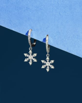 Minimal Snowflake Charm Hoops-Rhodium plated