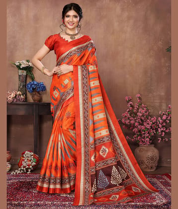 Yashika Art Silk Printed Saree With Unstitched Blouse Piece ( Orange )