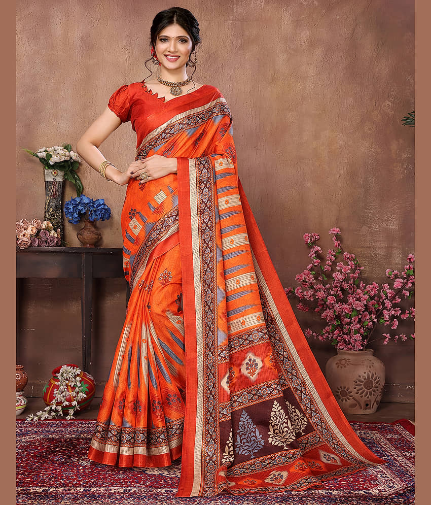 Yashika Art Silk Printed Saree With Unstitched Blouse Piece ( Orange )