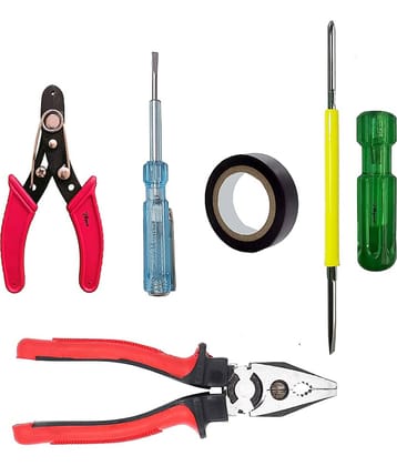 Aldeco Hand Tool Kit Heavy Duty Plier (Pilash), Cutter, Tester, Tape & 2in1 Screw Driver. Combination Tools For Domestic & Industrial Purpose.