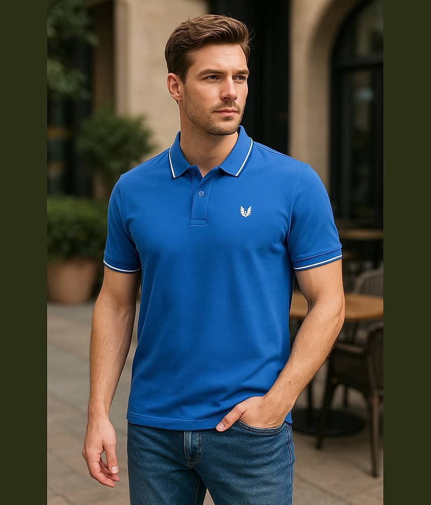 RF RAVES Men Cotton Blend Regular Fit Solid Polo T Shirt ( Indigo )