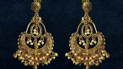 Classic Gold Toned Chandbali Earrings with White Beads | Vintage Ethnic Charm | Festive & Wedding Wear Classic Gold Toned Chandbali Earrings with White Beads | Vintage Ethnic Charm | Festive & Wedding Wear