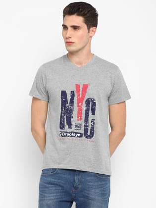 Printed V Neck T-Shirt for Men - Grey Melange-S / Grey Melange