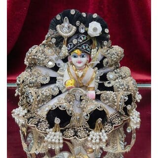 Designer Laddu Gopal Ji Dress with Pearl Tassels, Stone Work | Black Silver Deity Outfit Designer Laddu Gopal Ji Dress with Pearl Tassels, Stone Work | Black Silver Deity Outfit