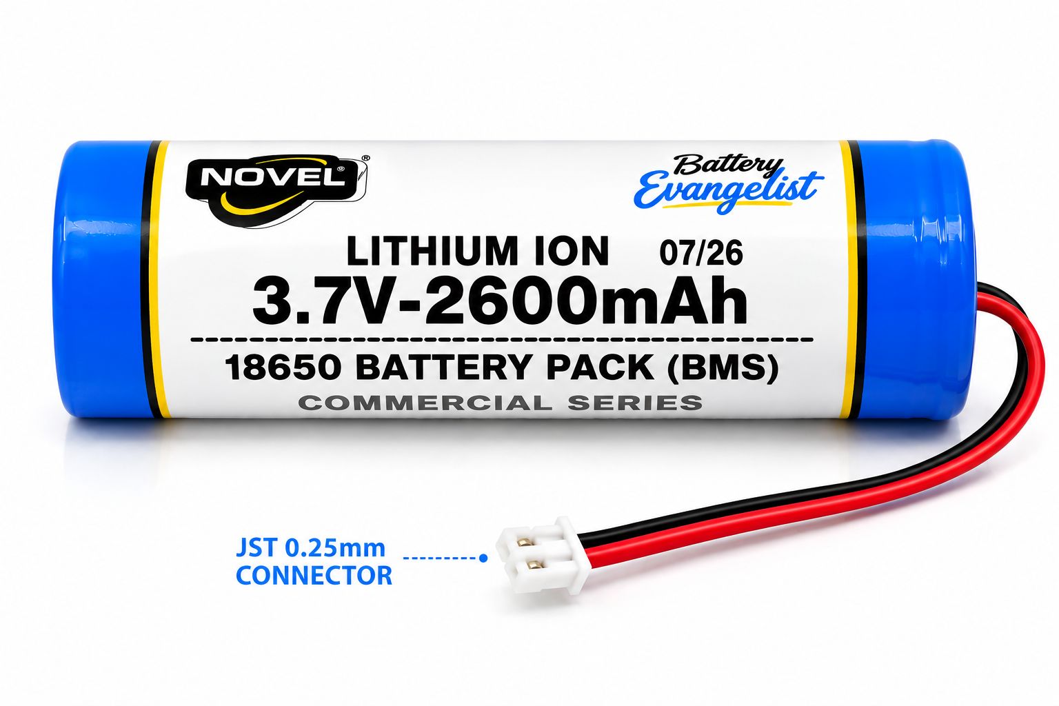 NOVEL 3.7V 18650 BMS LITHIUM ION BATTERY WITH JST 1.25mm PIN - 2600mAh