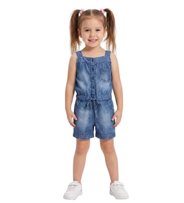 Girl's Denim Embroidered Sleeveless Jumpsuit (Blue, 5-6-Yrs)-PID66082