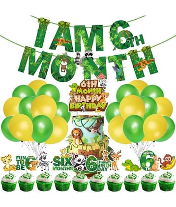 Zyozi Jungle Theme 6th Month Birthday Decoration Kids,I AM 6th Month Birthday Banner with Latex Balloons, Cake Topper and Cup Cake Topper for Baby Boy or Girl Birthday (Pack of 37)