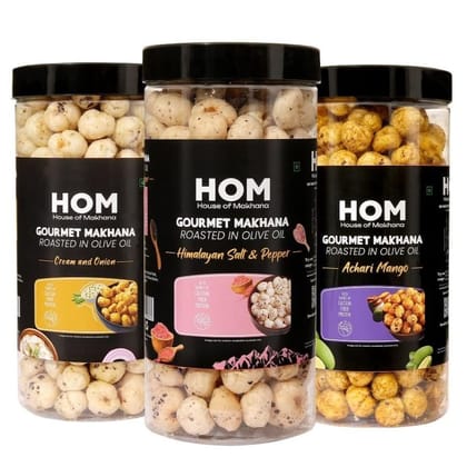 GOURMET MAKHANA Roasted in Olive Oil | Flavors Cream & Onion, Himalayan Salt & Pepper, Achari Mango | Combo Of 3, 65g Each. - 195 gm
