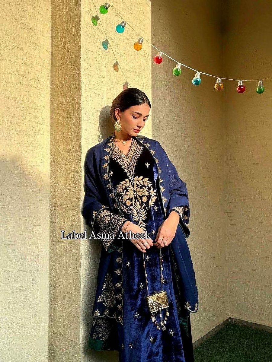 Shiv Textiles Women's Royal Blue Velvet Anarkali Suit Set with Dupatta Size XXL Heavy Sequence Embroidery Work Party Wear Ethnic Ensemble Premium Winter Fashion Traditional Indian Outfit Ready to Wear