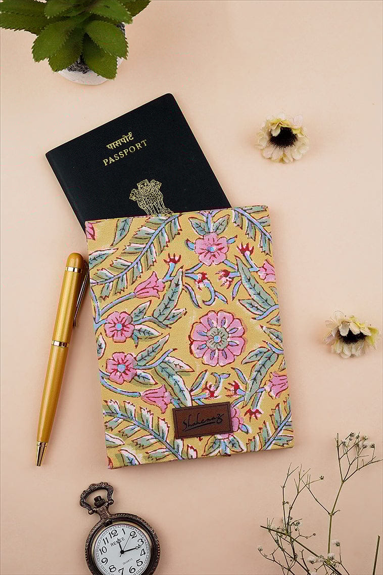 French Martini Hand Block Printed Yellow Passport Cover-15 X 10 CMS / Yellow / Yellow