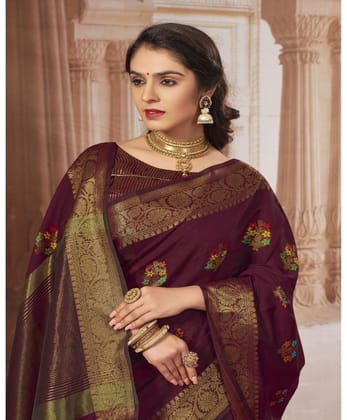Women's Chanderi Cotton Printed Saree with Unstitched Blouse (Maroon, 5-6 Mtrs)