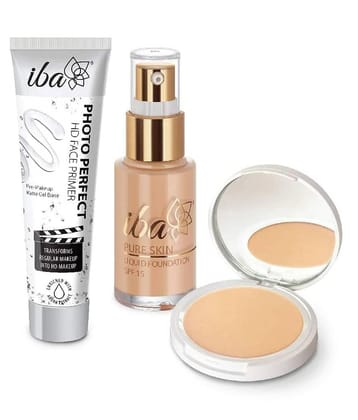 Iba Primer, Foundation ,Compact Combo Golden Beige, Long Lasting, Full Coverage Base Makeup, (Pack of 3)