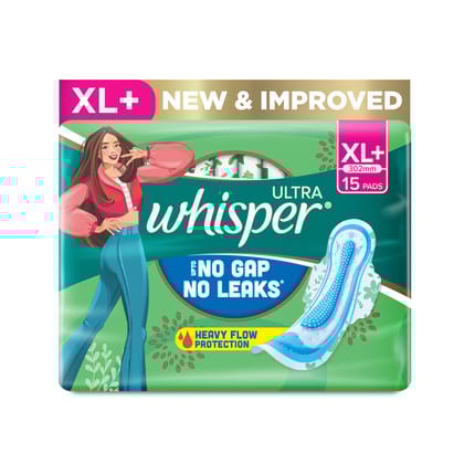 WHISPER ULTRA HYGIENE+COMFORT SANITARY PADS, 15 XL+ PADS, FOR HEAVY FLOW, LONG LASTING PROTECTION, LOCKS ODOUR & WETNESS, DRY TOP SHEET, DISPOSABLE WRAPPER
