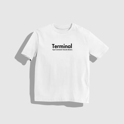 TERMINAL T-Shirt - Round Neck Drop Shoulder Graphic Printed Oversized Cotton T-shirt-S / White