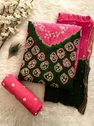 Rayon Dula Contrast Bandhani Dress Material (Unstitched)-Pink-Green