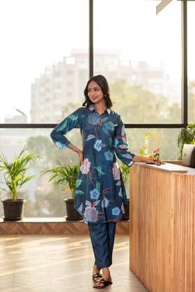 Dark Teal Long Shirt Co-Ord Set-XS