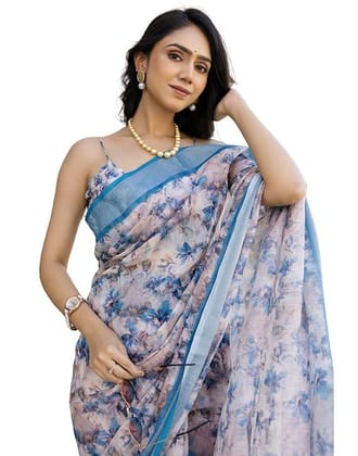 Cotton Linen Floral Print One Minute Ready to Wear Saree