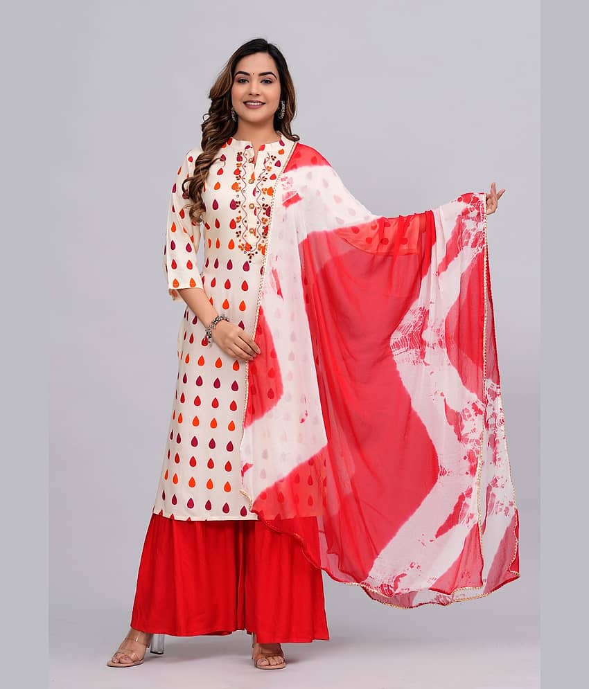 MAUKA Rayon Printed Kurti With Sharara And Gharara Women's Stitched Salwar Suit - Beige ( Pack of 1 )
