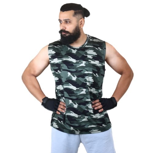 Men's Gym Sleeveless T-Shirt Camouflage Green - Drifit, Quick Dry Sports Tank Top, Sando Vest
