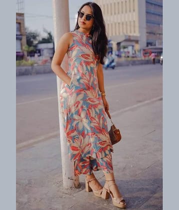 Nirja Fab Women Cotton Blend Printed Straight Kurti With Pants ( Pink )