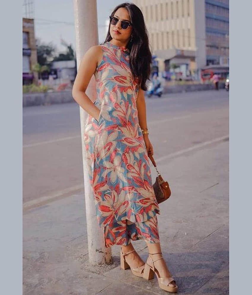 Nirja Fab Women Cotton Blend Printed Straight Kurti With Pants ( Pink )