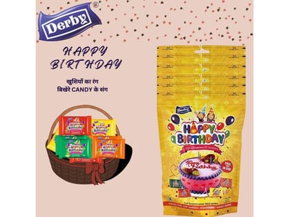Derby Happy Birthday Candy - Pack Of 6, 50pcs Each Pack, Four Flavors Mango, Strawberry, Raw  Mango & Orange, Free Surprise Toy