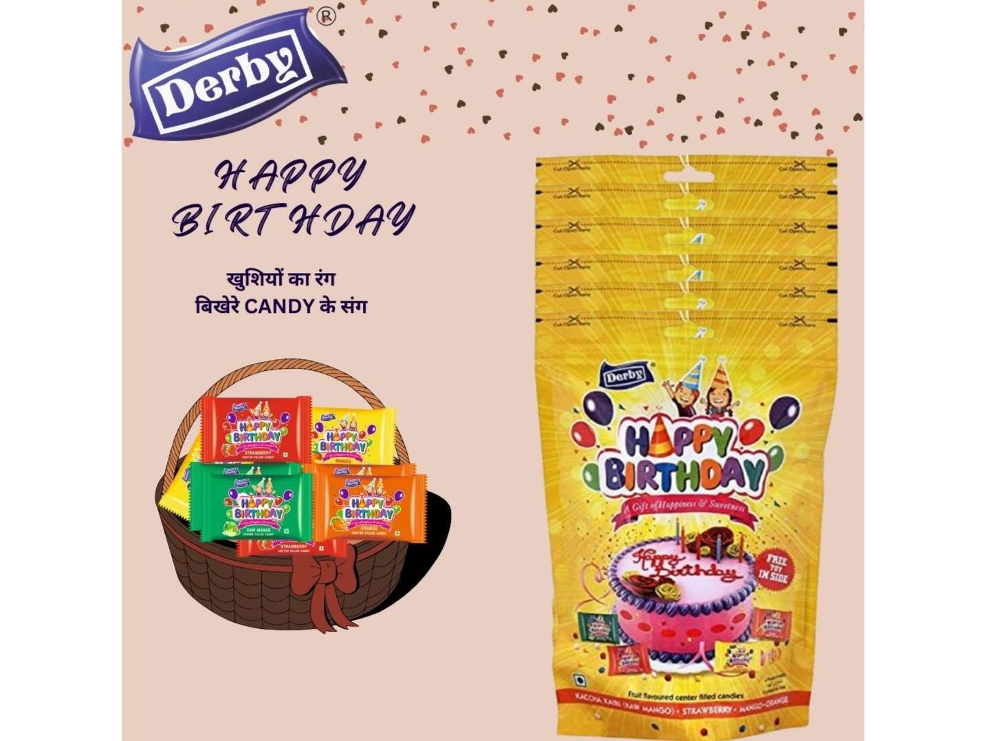 Derby Happy Birthday Candy - Pack Of 6, 50pcs Each Pack, Four Flavors Mango, Strawberry, Raw Mango & Orange, Free Surprise Toy