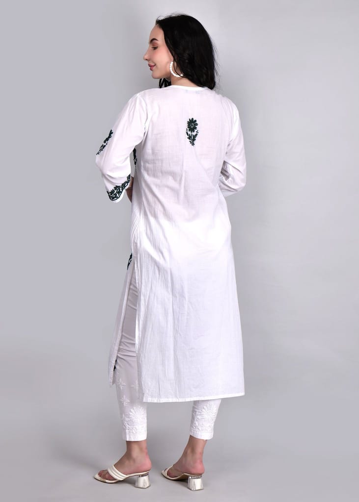 Chikankari in Mul cotton Kurta for Women - White with Green