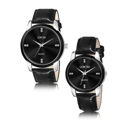 LOREM Couple Watches, Diamond Studded Dial, Silver-Black Case, Leather Strap, Quartz Movement