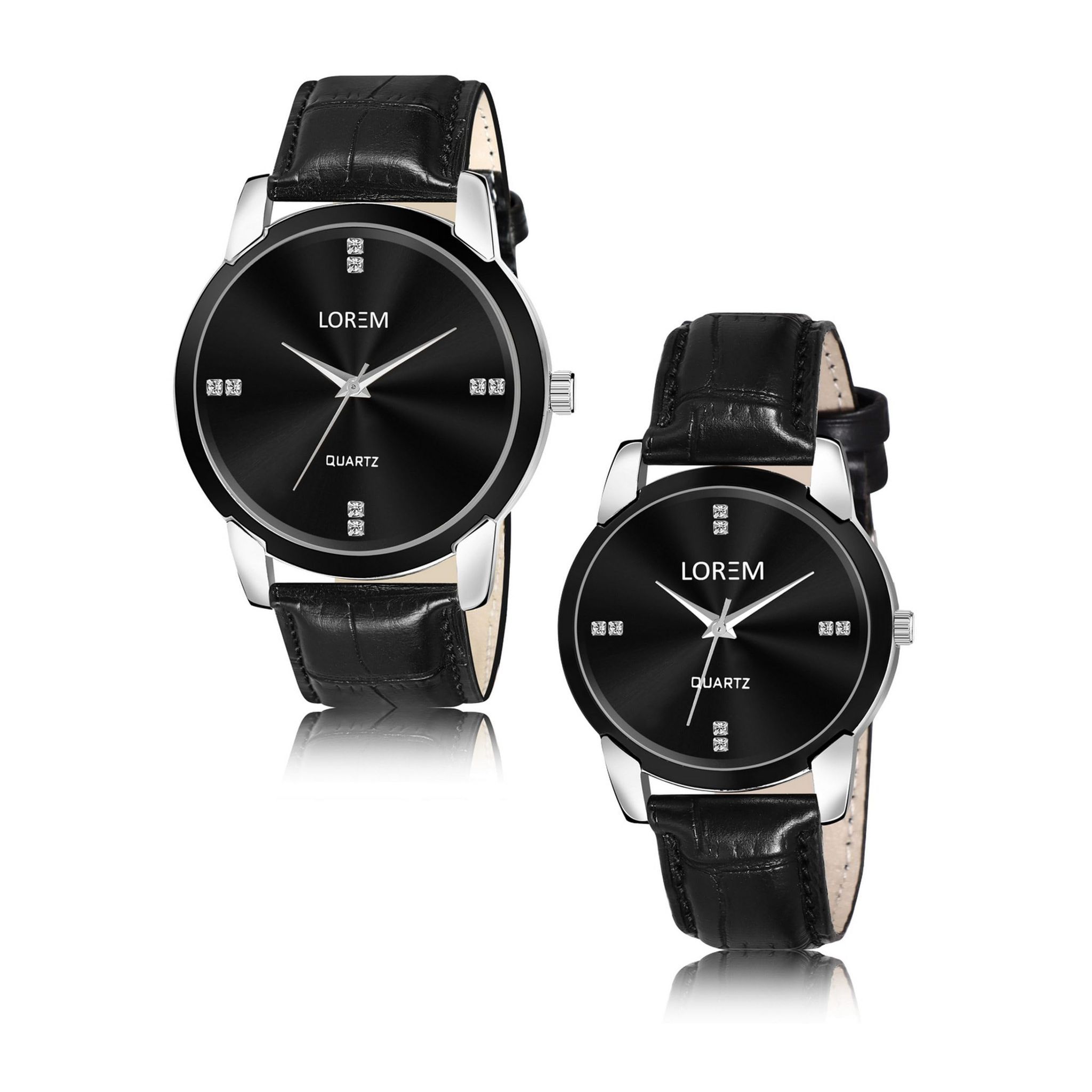 LOREM Couple Watches, Diamond Studded Dial, Silver-Black Case, Leather Strap, Quartz Movement