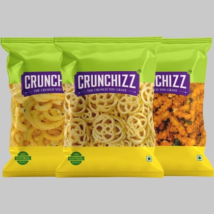 CRUNCHIZZ - 3 in 1 CHAKLI COMBO I GARLIC, JILEBI & TOMATO Murukku I Traditional South Indian Recipe I No Artificial Additives I Authentic & Crunchy I 200 Gram Each I Total 600 Grams