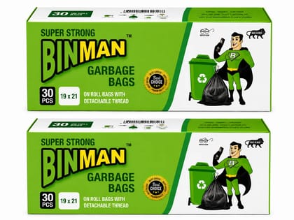 BINMAN Super Strong Garbage Bags on Roll with Detachable Thread | 30 Bags | 19 x 21 Inches | Heavy Duty Disposable Trash Bags for Home, Office & Commercial Use Pack of 2