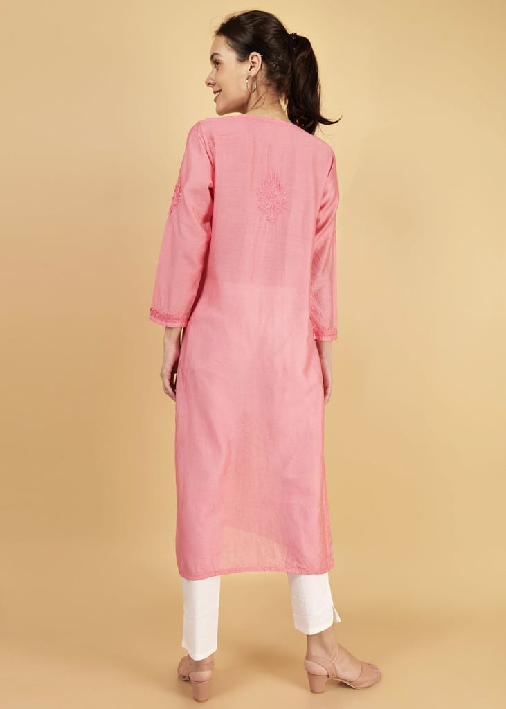 Chanderi Silk Hand Embroidered Long Pink Festive Kurta
