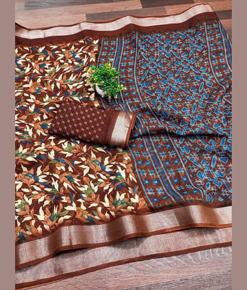 HEMA SILK MILLS Linen Printed Regular Saree With Unstitched Blouse Piece ( Mustard )