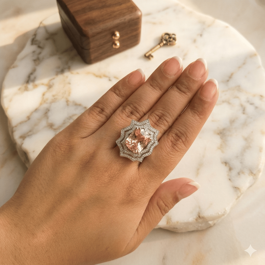 Smitam Jewels Gulzaar Adjustable Ring Pink Stone Floral Crystal Silver Tone Ring