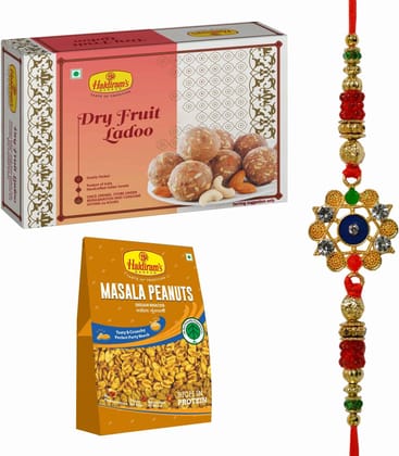 Haldiram's Nagpur Dry Fruit Ladoo 500g, Masala Peanuts 200g With Premium Rakhi Assorted Gift Box (Multicolor)