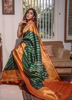 Anandi : Gold And Silver Zari Leheriya Kanjivaram Saree In The Shades Of Forest Green And Yellow