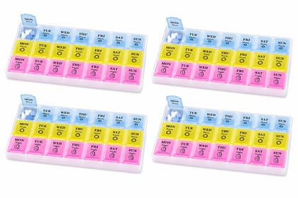 Pill Medicine Organizer Reminder Storage Box for 7 Days, 3 Layer Pillbox Pack of 4