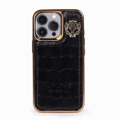Black Golden Rim Mobile Cover Deep Cut Croco Leather with Metal Lion Logo by Brune & Bareskin-13Pro
