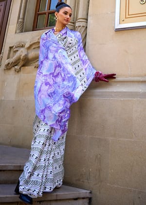 Violet Printed Satin Crepe Saree