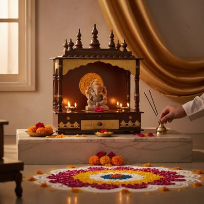 Wooden Indian Brass Natural Pooja Mandir-Wall Pooja God Stand Mandir