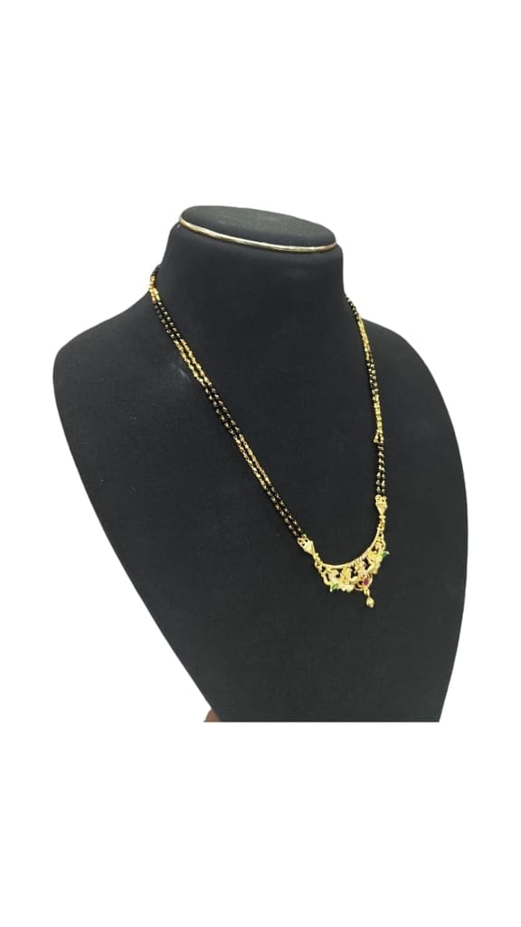 Gold Mangalsutra Necklace for Women with Black Beads and Floral Pendant